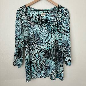Vintage Y2K Chico's Womens Blue Multicolor 3/4 Sleeve Blouse Top Shirt Size S/M